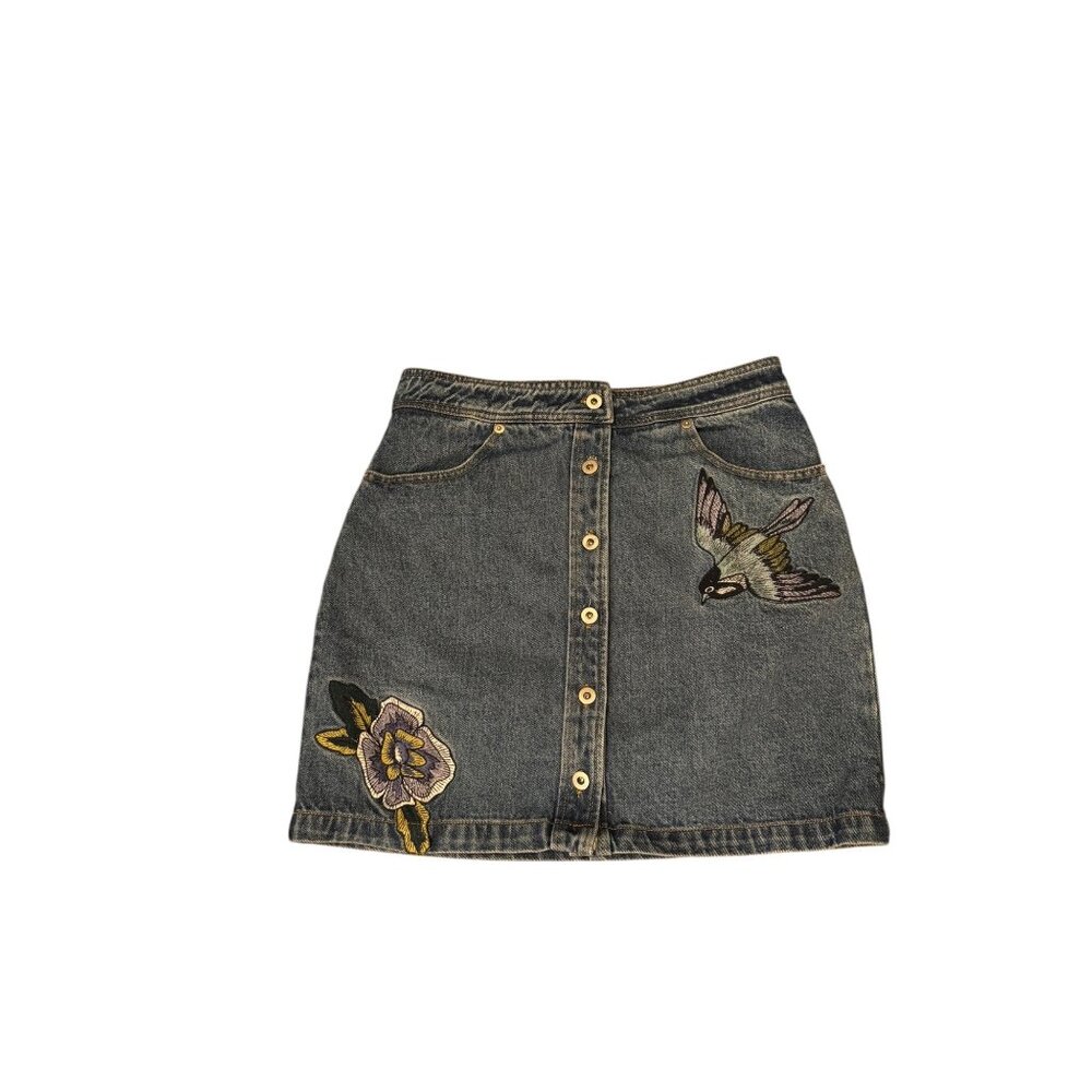 Hallelu Blue Denim Embroidered‎ Mini Skirt Bird Floral Button Front Medium M